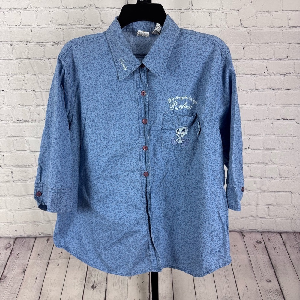 Warner Bros Vintage Embroidered Tweety Bird Button Up Top Size XL